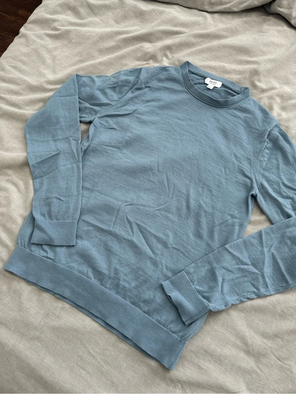 Reiss Wessex Crewneck Jumper Men’s Long Sleeve Merino Wool Sweater in Soft Blue